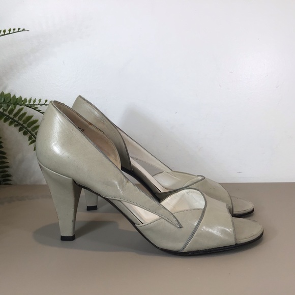CHRISTIAN DIOR LEATHER TAUPE OPEN TOE VINTAGE HEELS SZ 7.5 - Picture 2 of 8